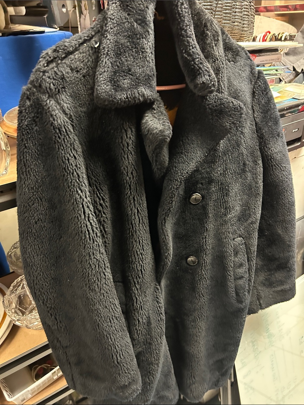 Vintage Plush Faux-Fur Pea Coat in Charcoal
